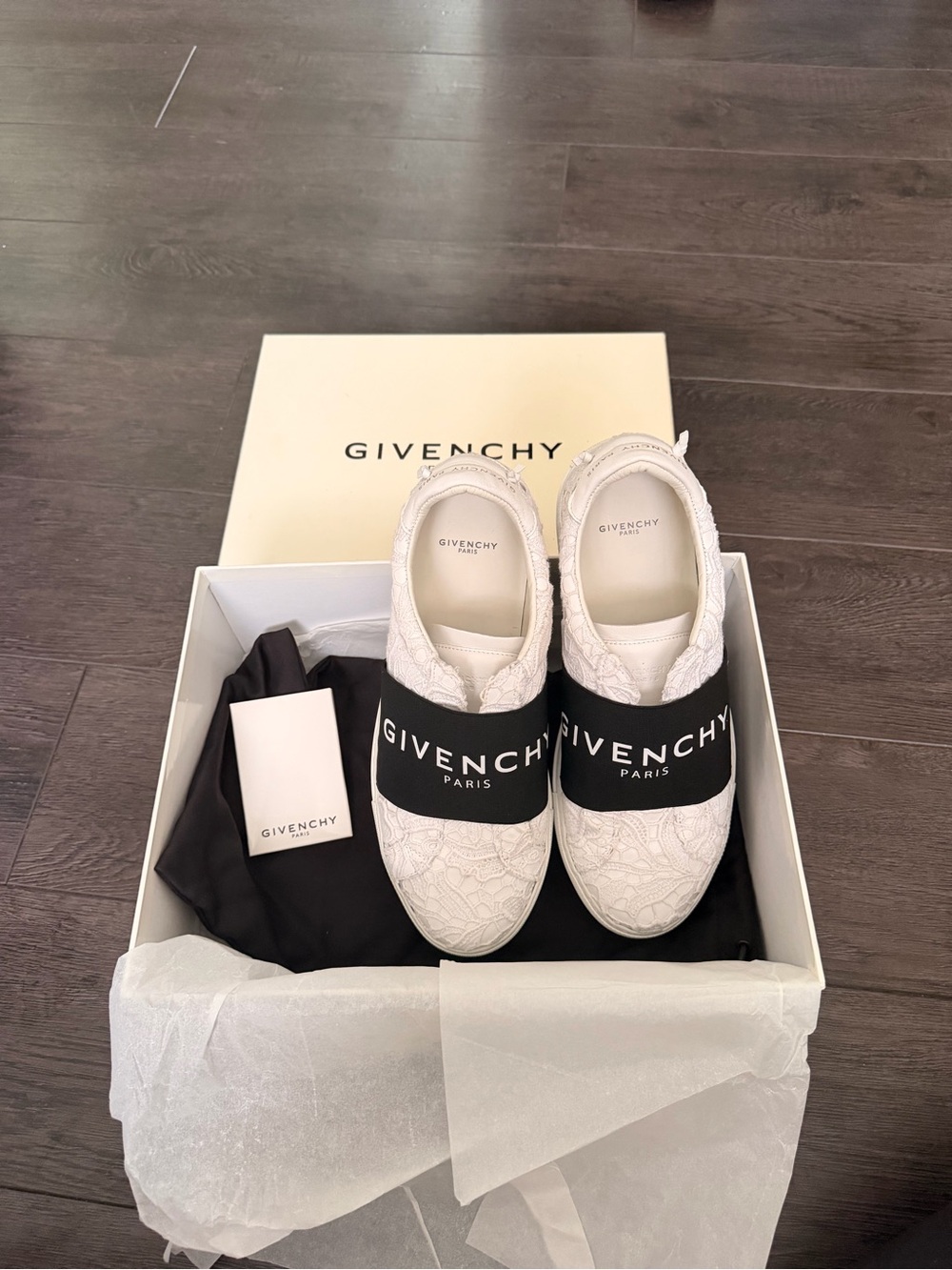 Givenchy White Lace Slip-On Sneakers with Black Logo Band